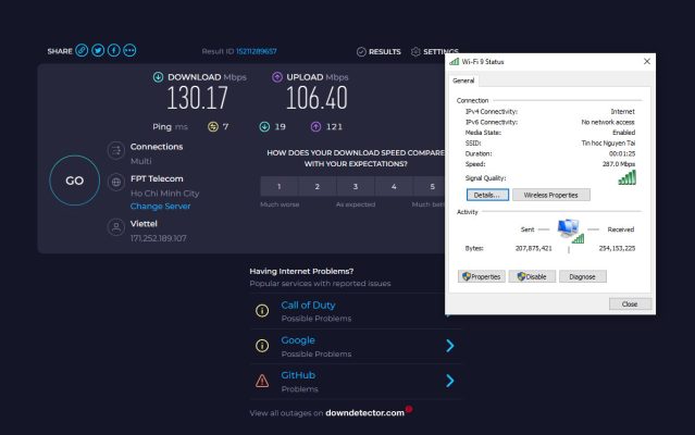 Card WIFI Intel AX200 khi SPeedtest trên băng tần 2.4Ghz